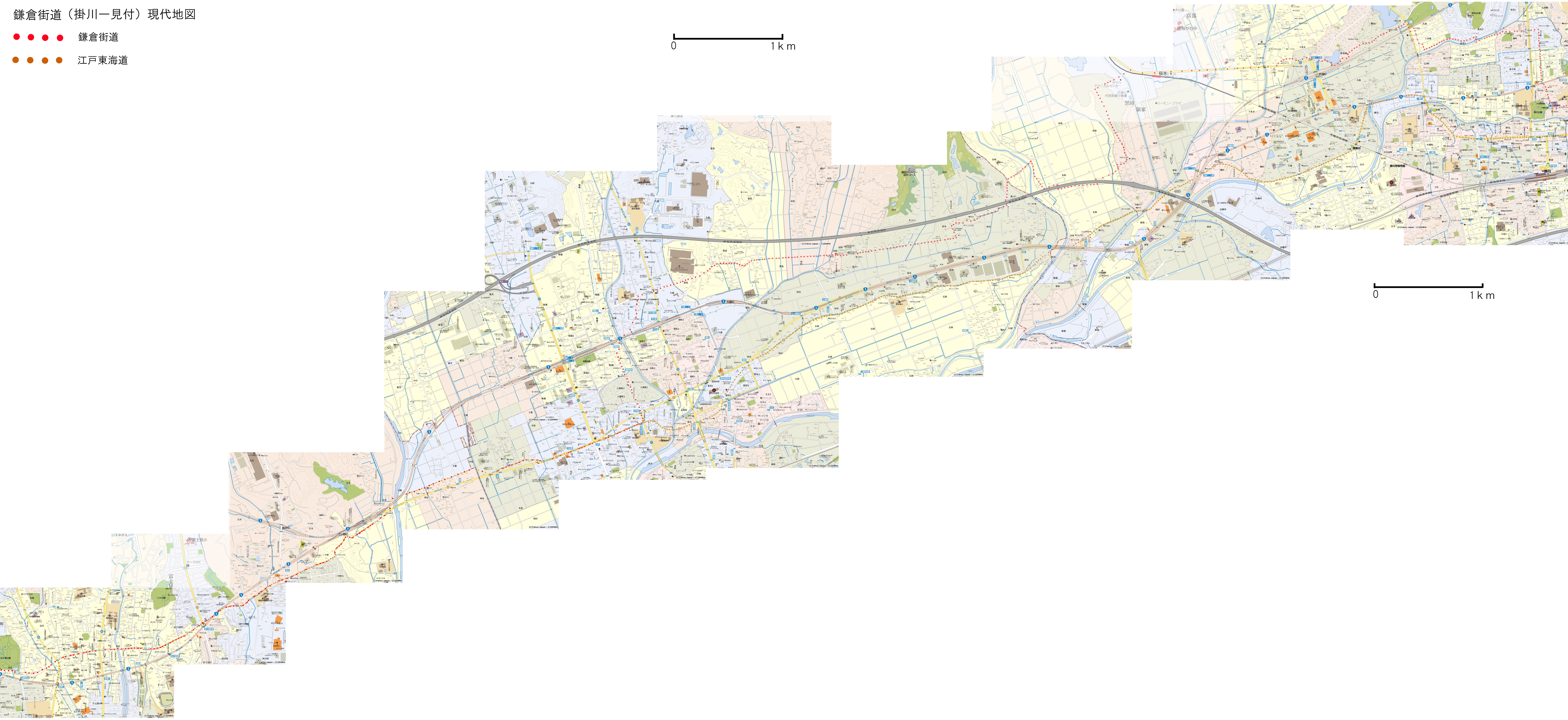 現代地図における鎌倉街道（掛川城から見付）