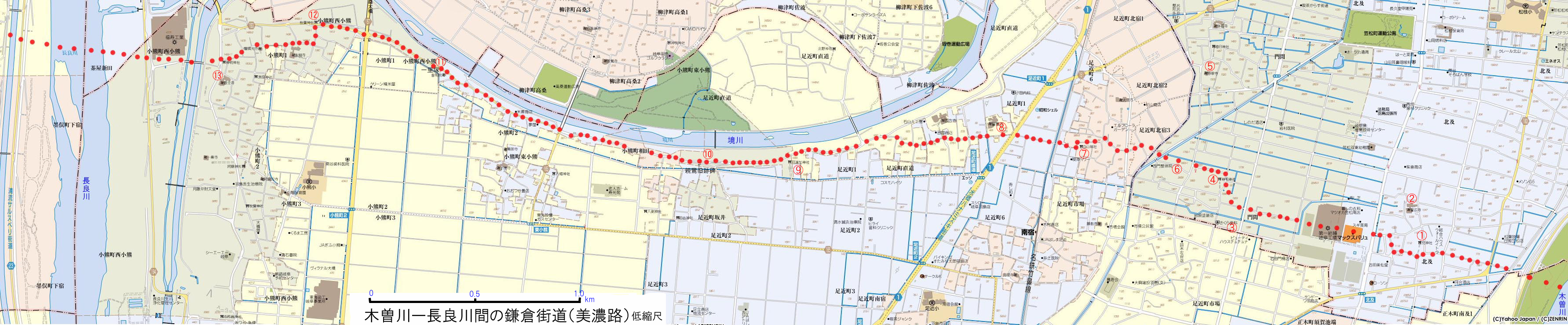 木曽川ー長良川間の平安鎌倉街道（現代地図）